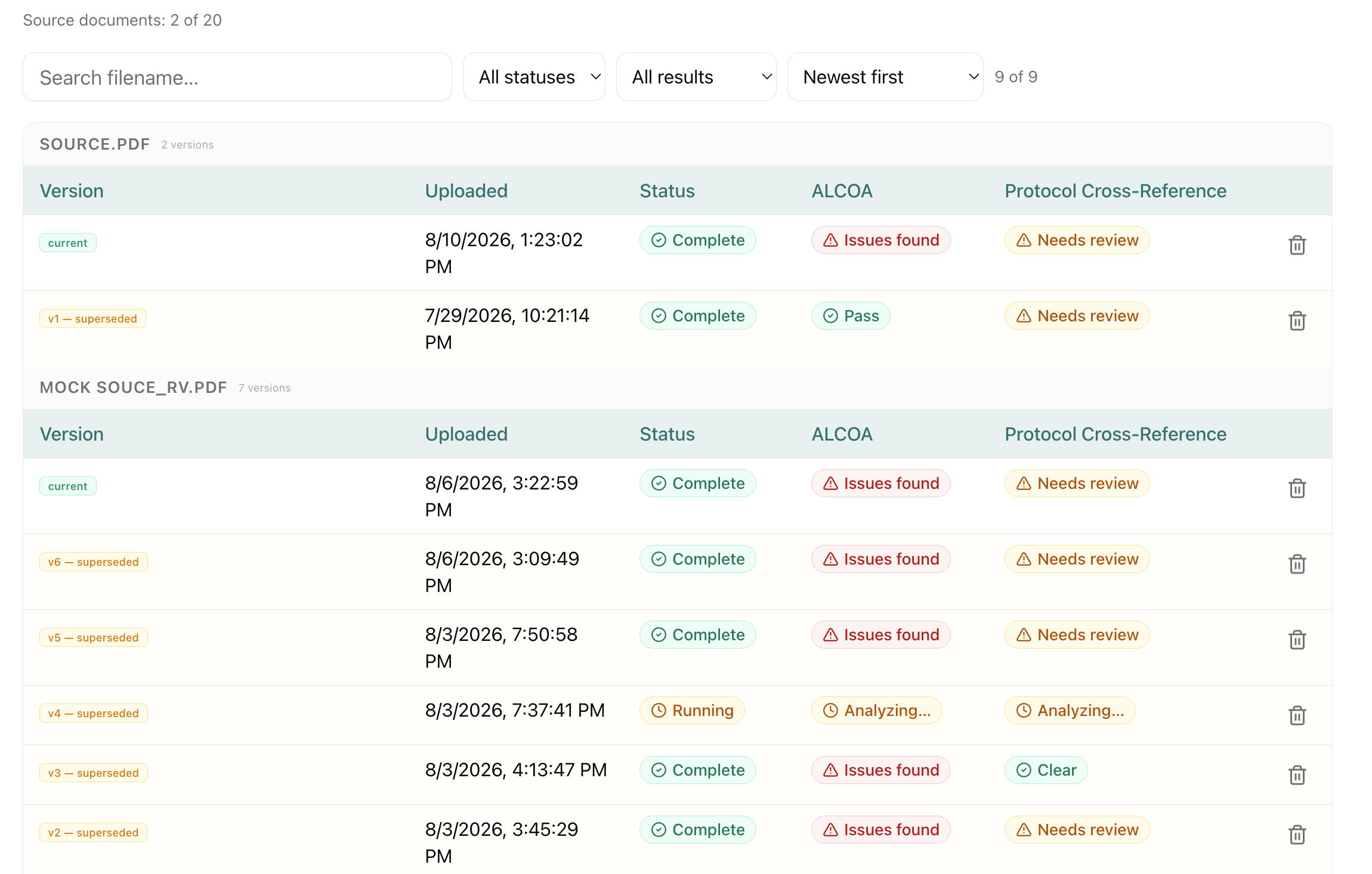 Source QC document list showing versions and review status