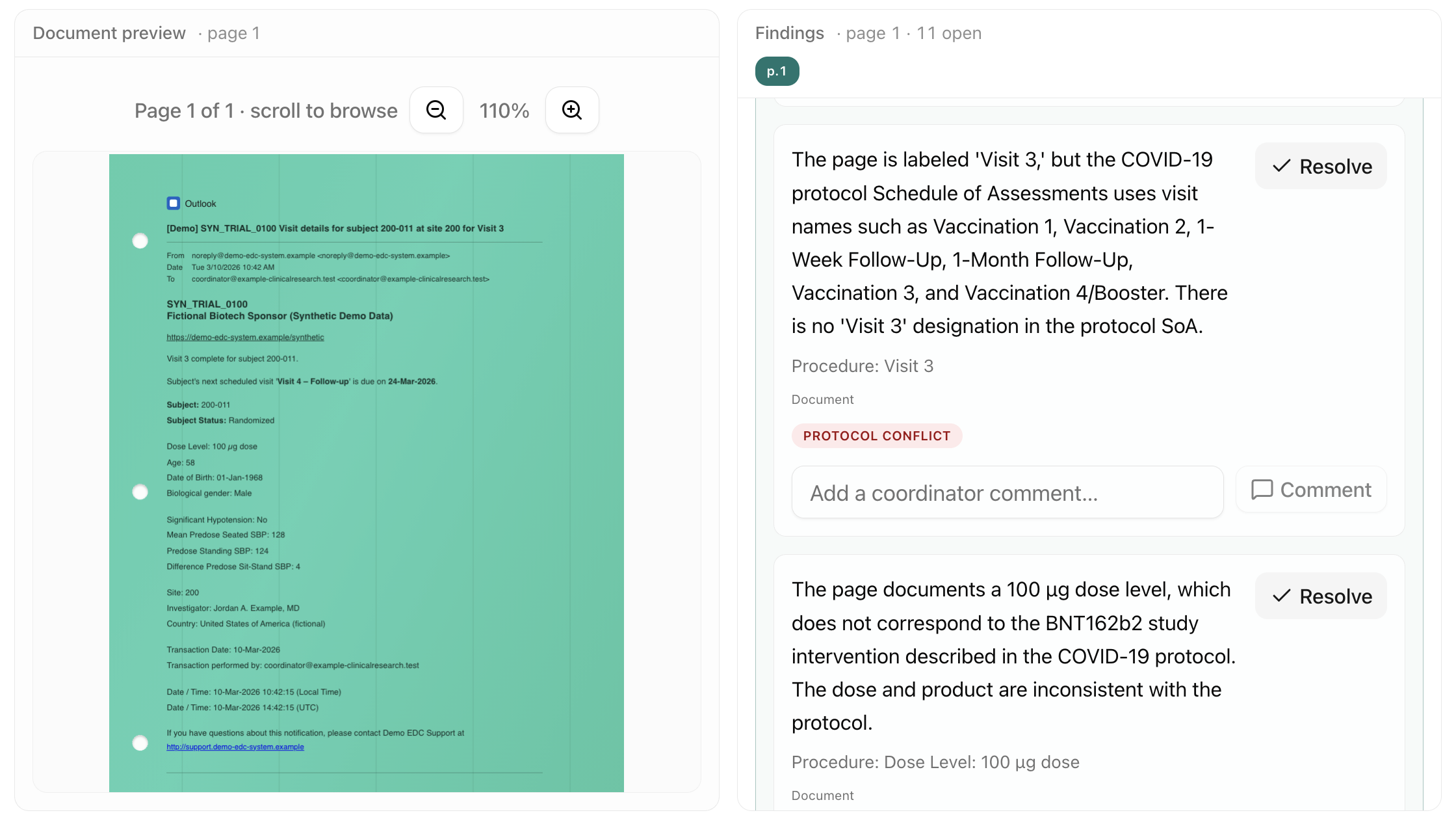 Source QC findings review beside the source page